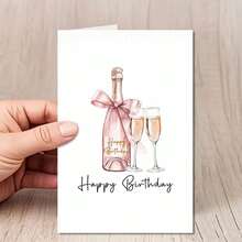 成人款优雅香槟生日贺卡 - “生日快乐”玫瑰金气泡酒杯设计（含信封） - 彩色 - 查看 6