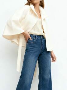 Women's Elegant Solid Color Hooded Poncho Overcoat With Belt, Autumn/Winter