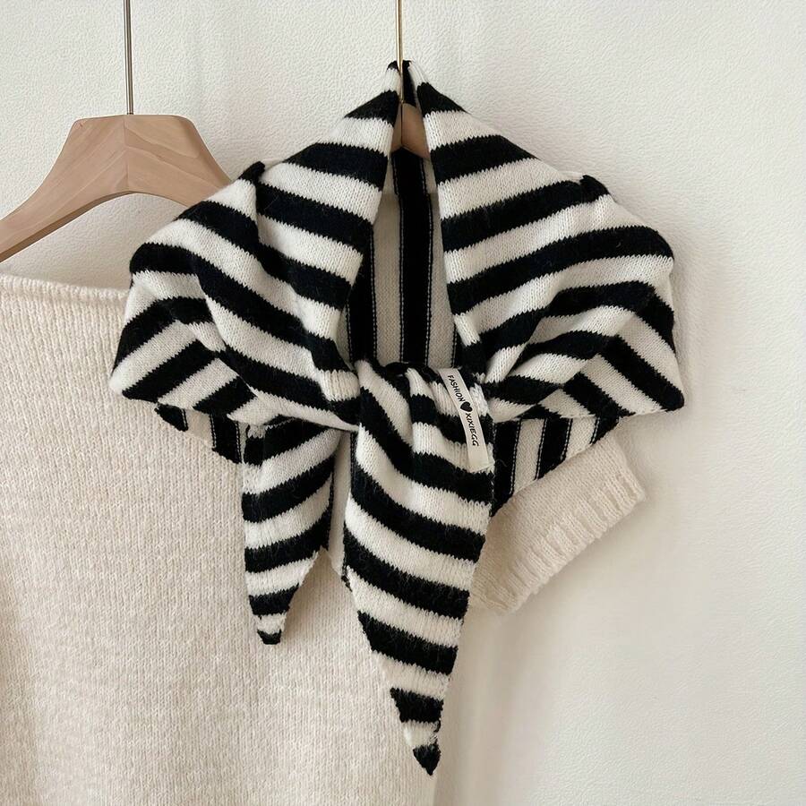 1 Piece High-Quality Striped Blend Shawl For Women, Spring, Autumn, Winter, Korean Style, Versatile, Warm, Triangle Scarf, Neck Warmer, French Retro Striped Knitted Solid Color Triangle Scarf, Multi-Functional, Unique Design, Decorative Neck Warmer Shawl - Gạo vàng sọc - Xem 1