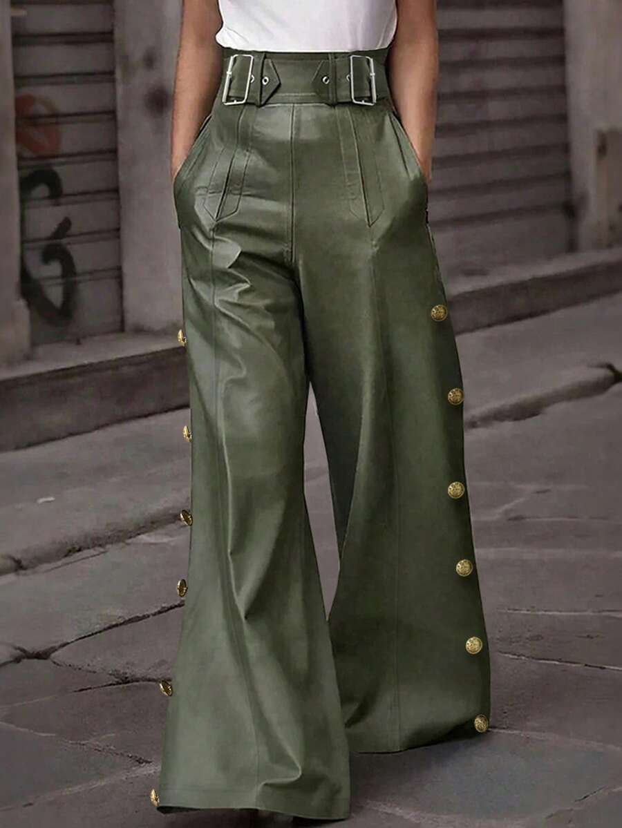 Women's Elegant High-Waisted PU Leather Pants In Olive Green, Suitable For Commuting And Office Wear, Autumn/Winter