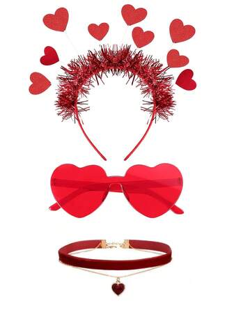 3Pcs - Heart Headband,Heart Sunglasses,Heart Necklace,Valentines Heart Headband And Heart Sunglasses Holiday Headband Bopper Party Accessoires,With Red Hearts Antenna Headband Hoop Glitter Hearts Shaped Hair Accessories For Wedding, Engagement, Anniversary, Birthday Party Favor,Valentines Day Decorations, Large Heart Valentines,Valentines Day Gifts;