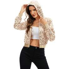 Women's Sequin Zip-Up Hooded Jacket With Ribbed Hem And Long Sleeves For Party Wear - Champagne - View 5