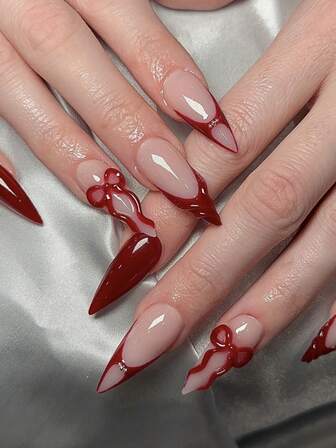 24pcs Long Teardrop Nails With A Spicy Girl Style, New Year Red French Tip, 3D Stereoscopic Glue Bow Design, Full Coverage Of Luster, Long Pointed False Nails, Suitable For Women's Party And Dance Nail Art Decoration