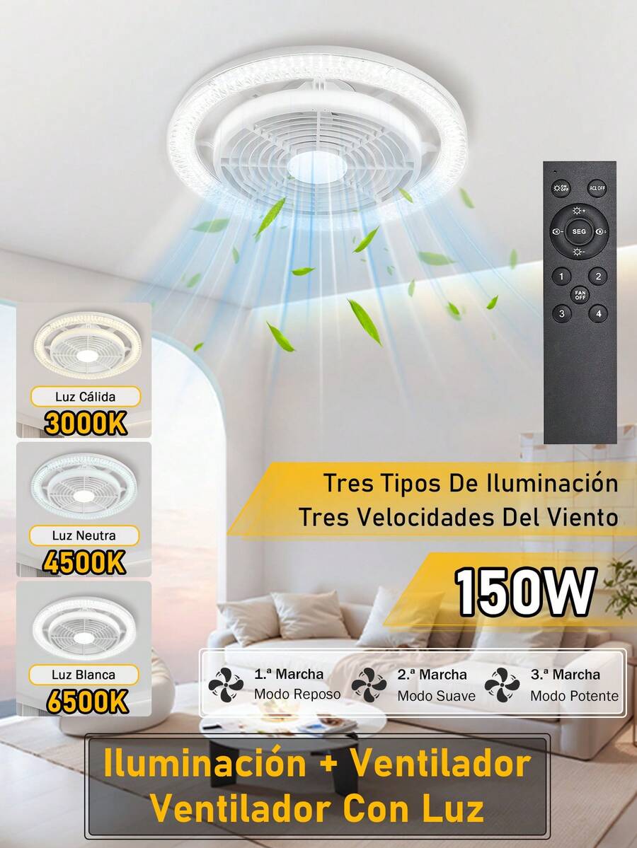 150W led ventilador de techo ventilador de luz de control remoto de cristal super brillante - Blanco - Ver 1