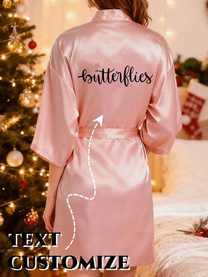1 PC Customizable Text Women's Short-Sleeve Robe, Christmas Pajamas For Chrismas Gifts, Lightweight Bathrobe, Sexy Short Nightdress, Casual Kimono Style, Elegant, Soft, Shiny, Cute, Lightweight Printed Pyjamas, Valentine's Day, Wedding Anniversary Gift.