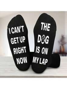 1Pair Cute Animal Socks Love Cats And Dogs Men's Black Mid-Calf Socks With Lettering And Glue Dots,Funny Gifts For Men/Teenagers On Christmas/Father's Day/Birthday - Multicolor - View 10