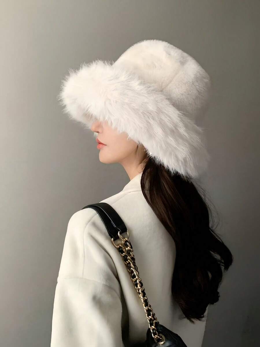 1pc Solid Color Fashionable High-End Fluffy Patchwork Warm Windproof Ear Protection Women's Autumn/Winter Fluffy Bucket Hat Women Winter Clothes - Multicolor - View 1