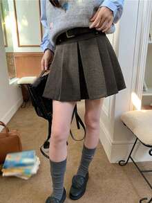 高腰A字针织混纺迷你裙，修身剪裁，适合秋冬季节 - 灰色 - 查看 3