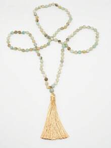 6毫米流苏长项链，波西米亚哑光亚马逊石108珠项链，孔雀石和黑曜石天然石护身项链，念珠项链，冥想、瑜伽、祈祷饰品，男女皆宜 - 彩色 - 查看 3