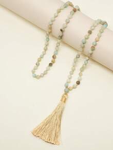 6毫米流苏长项链，波西米亚哑光亚马逊石108珠项链，孔雀石和黑曜石天然石护身项链，念珠项链，冥想、瑜伽、祈祷饰品，男女皆宜 - 彩色 - 查看 4