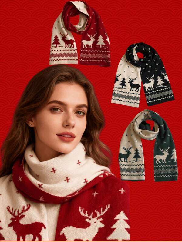 1 Stück Weihnachtsschal für Frauen, hochwertiger, vielseitiger Jacquard-Schal mit Elch-Motiv für den Außenbereich im Winter, warm gestrickter Schal, extra lang und dick für Halsschutz, windundurchlässiger Wollschal
