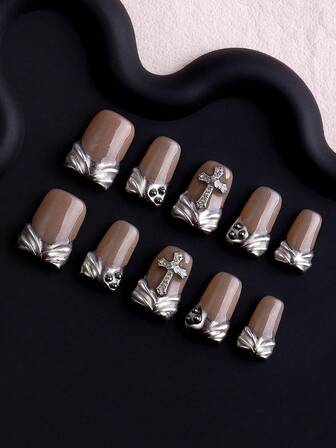 10Pcs Y2K New Duck Nails Handmade Salon Quality Press On Nails Silver Punk Nails Exclusive Design 3D Nails With 3D Charms,With Cross And Silver Steel Beads, They Are Perfect For Women And Girls' Daily Looks, And Also Great For Parties, Ceremonies And Other Occasions