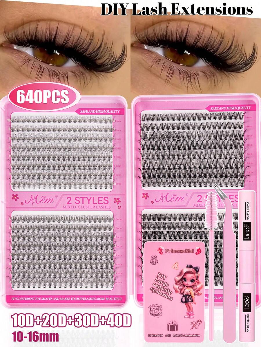 MEM 640pcs Eyelash Extension Kit, DIY Eyelash Extension Set, Individual Eyelash Clusters, D-Curl, Eyelash Extension Kit Includes Eyelash Glue, Eyelash Remover, Eyelash Fixer And Eyelash Applicator Brush, Easy To Self-Apply At Home (10D+20D+30D+40D/30D+40D+50D+60D/50D+60D+80D+100D). Eyelash Extension Kit, Suitable For Travel, Daily Wear (Suitable For Beginners), Wedding, Date, Party, Holiday, Also Great As Christmas/Halloween/Gift Eyelash Set. - 黑色 - 查看 1