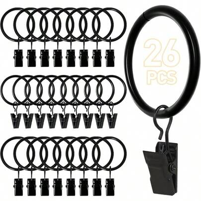 26 PCS Curtain Rings With Clips, Curtain Hooks Drapes, Curtain Clips With Rings 1.26u201D Interior Diameter, Black Curtain Rings Fit To 1 Inch Curtain Rod