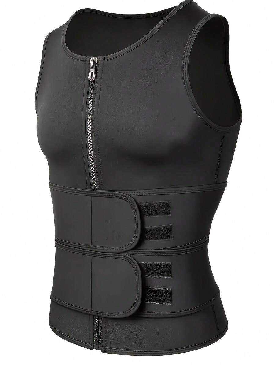 Men's Black Sports Compression Shirt With Double Adjustable Belt, Suitable For Weight Training, Home Fitness, Sports Shirt, Weightlifting Clothing, Sleeveless Design - 黑色 - 查看 1