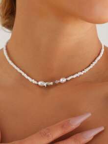 1Pc Silver Color Minimalist Bohemian Vintage Style Necklace Dainty Pearl And 3D Star Charm Combo Adjustable Choker For Daily Wear Travel Holiday Parties Gift
