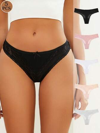 5pcs/Pack Women Lace Ruffle Trim Elegant Luxurious Sexy Thong Panties