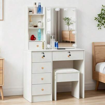 White Dressing Table Makeup Desk Dresser W/Mirror And 6 Drawer Stool Bedroom UK - Perfect For Organizing Makeup, Skincare, Elegant Vanity|Decorative Vanity, Vanity Furniture, Compact For Small Space, Bedroom Decor Gift , Suitable For Christmas And Halloween Decorations