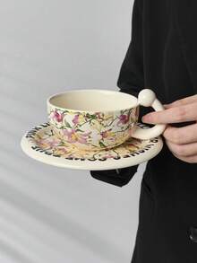一套法式花卉陶瓷咖啡杯碟，猫尾形把手设计，可作早餐牛奶杯、面包甜点盘、下午茶咖啡杯、拉花杯、果汁杯、办公水杯、情侣水杯、节日礼物杯，馈赠亲友。 - 彩色 - 查看 13