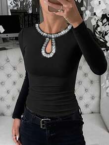 ChicMe 女士修身罗纹上衣，饰有水钻，钥匙孔水滴领长袖，时尚叠穿衬衫，适合派对和夜店穿着 - 黑色 - 查看 3