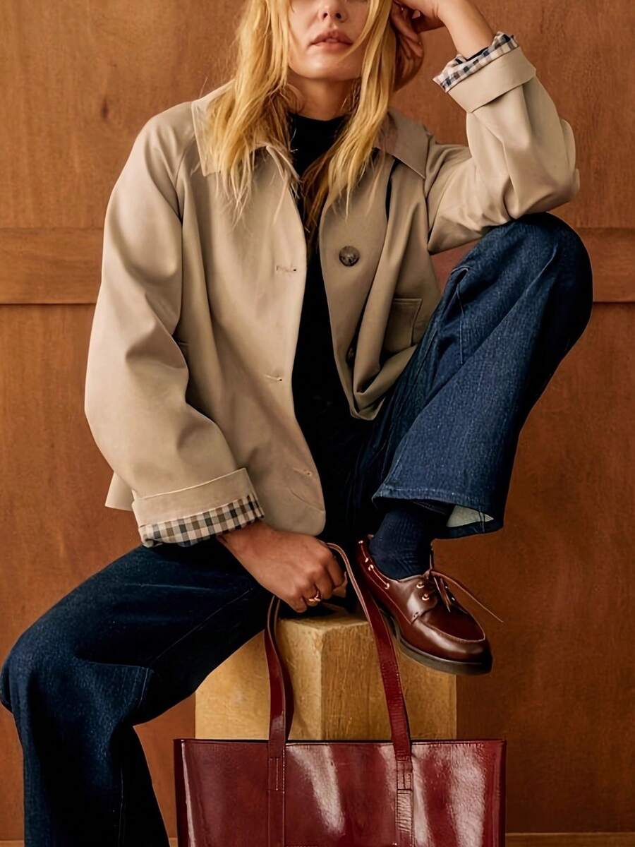 Women's Khaki Short Windbreaker With Plaid Lining Lapel Button Up Long Sleeve Coat Spring Retro Casual Jacket For Daily Outing Office Travel Jackets For Women Dressy - 卡其色 - 查看 1