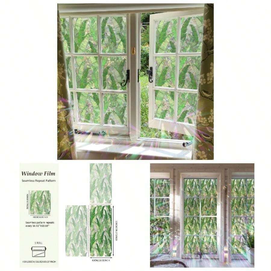 Window Privacy Film Tropical Static Cling Window, Tropical Parrots And Leaves 16.92 InchX39.37 Inch - Banana Leaves + 16.92"X39.37"/43X100CM - View 1