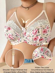 1pc Plus Size Women Lace Patchwork Wireless Bra, Comfortable & Minimalist Design, Knitted Fabric