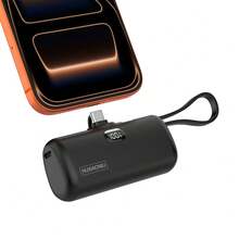 Mini 5000mAh Power Bank, 15W Fast-Charging Phone Charger, Built-In Charging Plug And Output Cable, LCD Smart Display, Type-C Plug Compatible With IPhone 17/16/15/Android