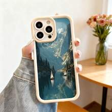 Cubierta de telefono con borde negro y diseño de paisaje montañoso con barcos en lago para iPhone 14 Pro Max estilo natural y relajante para uso diario y viajes - Blanco - Ver 7