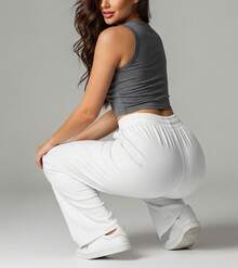 Wide Leg Pants With Flare Leg, Sophisticated Fit, Structured Style, High , Contemporary, Casual, Comfortable, Modern, Chic - 白色 - 查看 4