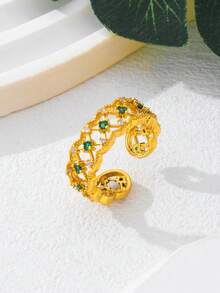 1pc Vintage Brass Faux Emerald Gemstone Lace Edged Elegant Retro Open Ring - Ring - View 7