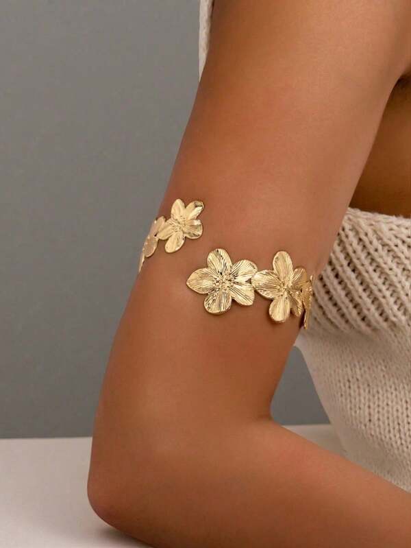 1 Elegant Metal Floral Arm Cuff, Fashionable Daily And Holiday Women's Clothing, Simple And Elegant, Suitable For Mother's Day Gifts, Parties, Banquets, And Daily Wear