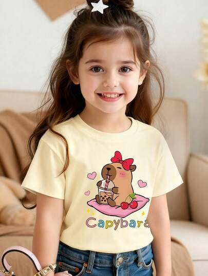 Young Girl Capybara Heart Print Short Sleeve Casual Round Neck T-Shirt
