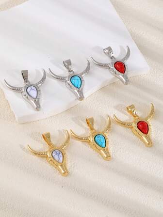 1pc Western Cowboy-Style Elegant Gold/Silver/Copper Bull Head Pendant With Turquoise (Features Lobster Clasp) Perfect For Daily Outings And Parties, This 18k Gold-Plated Pendant Offers Timeless Elegance And Versatile Styling. Customizable DIY Options Available.