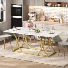 Esstisch 200*80cm,For 8–10 Personen,Modernes Design In Marmoroptik,2.5cm Dicke Tischplatte,Wasserfest Und Kratzfest,Goldfarbene Metallbeine Mit Verstellbaren Gleitern,Geeignet Für Wohnzimmer Und Essbe - White - View 6