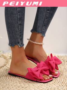 PEIYUMI Women's Bow Decor Slippers, Fashionable Summer Pink Flat Sandals - Hot Pink - View 3