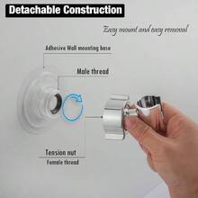 Soporte para cabezal de ducha de mano, giratorio de 360 grados, ajustable, soporte calcomana para barra de ducha de pared, se adapta a superficies lisas y no lisas negro mate - cromo - Ver 4