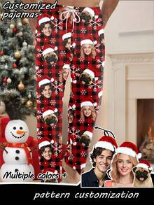 Men's Personalized Photo Printed Christmas Hat & Snowflake Design Casual Lounge Pants, Great Christmas Gift For Family And Friends, Winter,New Year's Eve - Multicolor - View 1