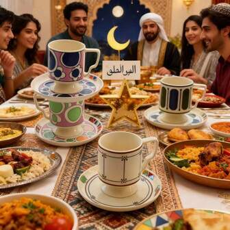 1 Set Vintage Middle Eastern Style Ceramic Stemware Cup &amp; Saucer Set, 260ml/8.8oz Minimalist Geometric Pattern Mugs, Creative Latte Coffee &amp; Milk Cups, Suitable For Restaurant, Party, Kitchen, Dining Table, Essential For Ramadan Gatherings, Ramadan Holiday Gift