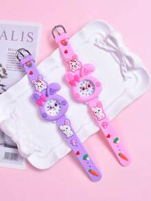 2pcs/Set Girls' Cartoon Long Ear Rabbit Soft Silicone Strap Children's Pointer Watch, Student Creative Animal Pattern Quartz Wristwatch