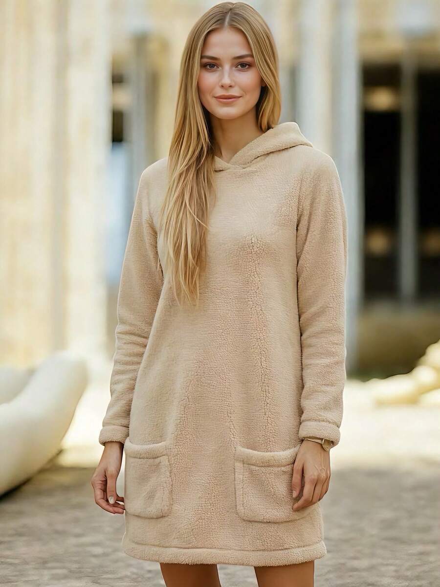 Sudadera Larga tipo Teddy Informal, con Capucha y Bolsillos Laterales para Mujer, de Tejido Suave y Cálido para Mujer, Temporada Otoño/Invierno - Hueso - Ver 1