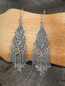 TopHanqi 3 Pieces Of Retro-Style Ancient Silver Geometric Alloy Chain Tassel Long Earrings And Necklace Set For Women In All Seasons, Daily Life And Work, Street Photography, Simple, Fashionable And Elegant Accessories - Antique Silver - View 5