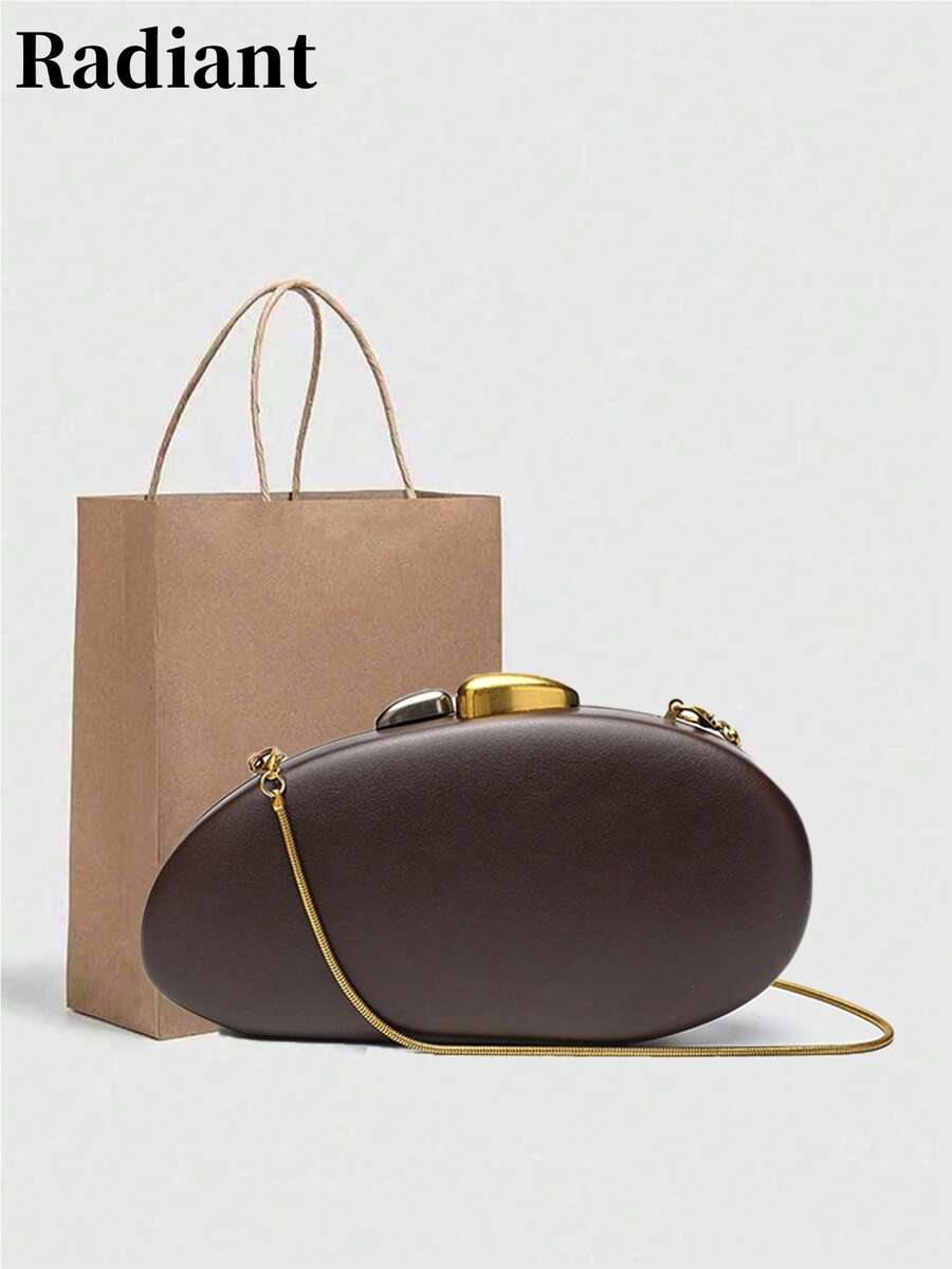 Bolso de mujer con cierre de metal vintage de forma ovalada, con correa de hombro de cadena de metal dorado, es un bolso de mujer cruzado con textura y diseño de cierre de metal. Es adecuado para ocasiones como cenas, fiestas y compras.