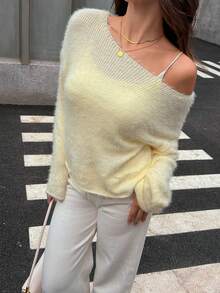 Women's Comfortable Versatile Loose Fit Long Sleeve Asymmetric-Shoulder Hollow Knit Sweater, Soft Yellow Knitted Top With Gentle Vibe, Slouchy & Pure Style - Butter Yellow - View 1