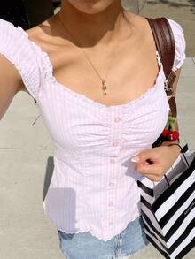 Women Fairy Grunge Y2k Shirt Vintage Short Sleeve 2000s Fairycore Aesthetic Crop Top E-Girl Streetwear - 粉色 - 查看 2