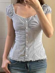 Women Fairy Grunge Y2k Shirt Vintage Short Sleeve 2000s Fairycore Aesthetic Crop Top E-Girl Streetwear - Màu xanh lam - Xem 1