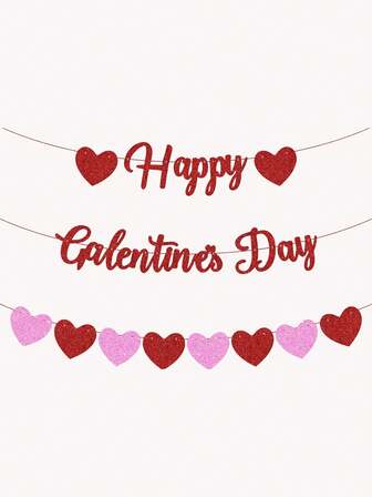 2套情人节快乐横幅装饰，红色粉色闪光心形横幅情人节派对女士女孩庆祝装饰用品，情人节装饰，情人节横幅，悬挂式情人节花环，大型心形情人节装饰，餐厅装饰，酒店装饰，卧室装饰，客厅装饰；