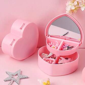 1pc Pink Heart-Shaped Multi-Layer Jewelry Box With Mirror, Portable Storage Organizer For Girls' Hair Accessories And Small Items