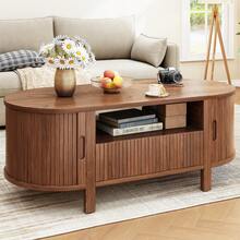 ONBRILL Walnut Oval Coffee Table, 47 Inch Fluted Coffee Tables With Cabinets & Sliding Doors, Mid-Century Modern Living Room Tables, Center Table With Storage And Wood Handle For Living Room, Home Small Space - Màu Tím - Xem 7