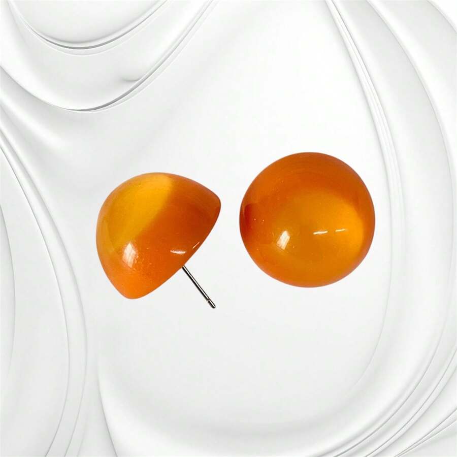 Round Resin Earring, Versatile Accessory. - Orange - View 1
